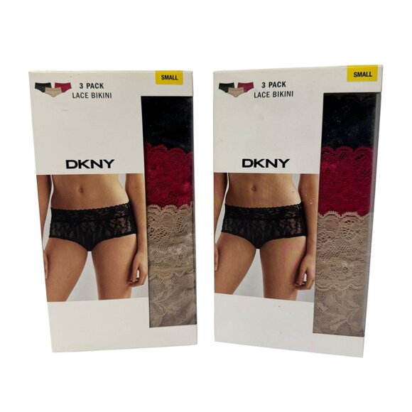 NWT DKNY 2 Boxes 6 PAIRS Womens Small Underslimmers Lace Bikini Black Red Beige - Picture 2 of 10